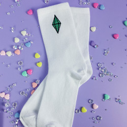 DIAMANT Chaussettes blanches brodées kawaii diamant vert à paillettes geek cozy games gaming