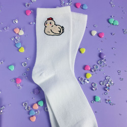 POULE Chaussettes blanches brodées kawaii geek cozy games gaming