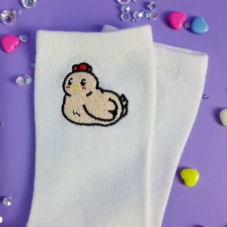 chaussettes brodées poule stardew valley à paillettes