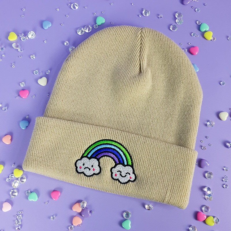 ARC EN CIEL Bonnet brodé à revers kawaii arc en ciel à paillettes humeur triste humeur joyeuse nuages cute