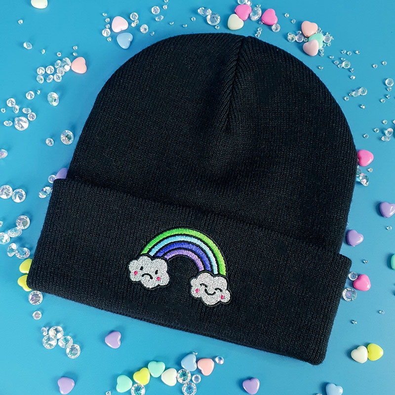 ARC EN CIEL Bonnet brodé à revers kawaii arc en ciel à paillettes humeur triste humeur joyeuse nuages cute