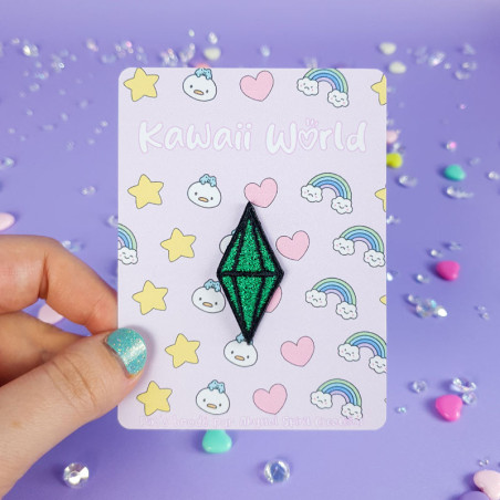 Pin's brodé - DIAMANT VERT - Broderie pailletée 💎✨