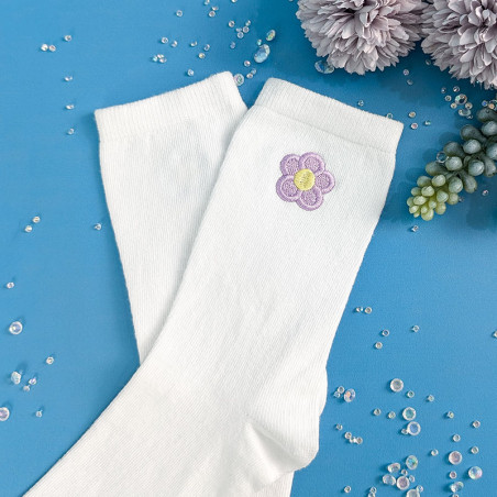 chaussettes coton blanches adulte brodées fleur lilas