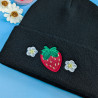 broderie fraise mignonne et fleurs blanches kawaii bonnet noir