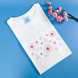 t-shirt adulte unisexe blanc broderies fleurs de cerisier rose pale