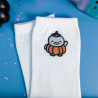 Chaussettes brodées blanches avec un canard déguisé en citrouille pour Halloween