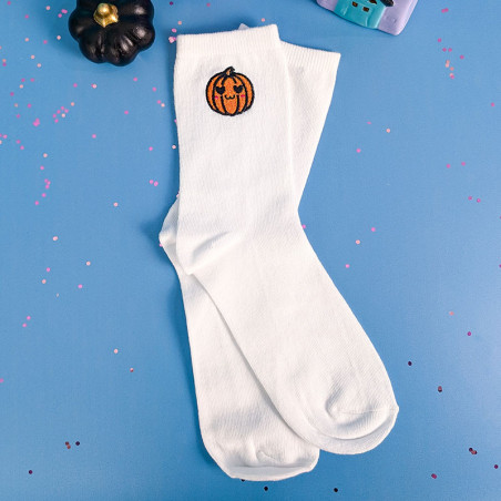 Chaussettes brodées blanches - CITROUILLE - Taille unique (39/41) 🎃