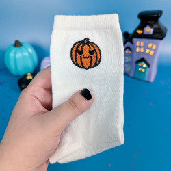 Chaussettes blanches brodées citrouille Halloween kawaii