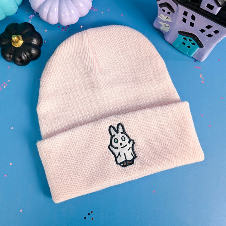 Bonnet à revers brodé Berry la lapine fantôme Halloween en rose pastel