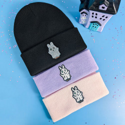 Bonnets brodés noir lilas rose pastel lapin kawaii halloween