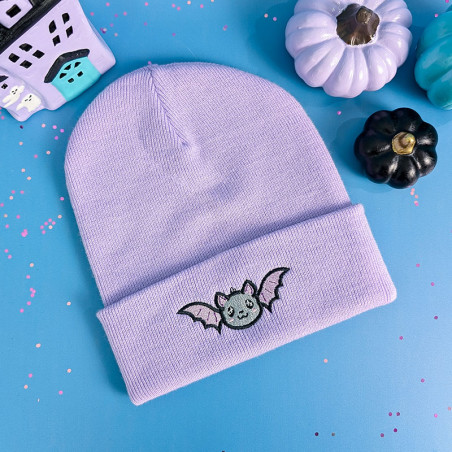 Bonnet brodé unisexe adulte chauve-souris kawaii Halloween couleur lavande