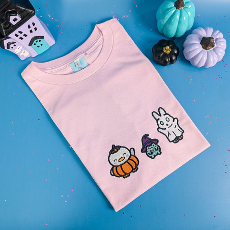 T-shirt noir oversize brodé avec canard citrouille, grenouille sorcière et lapin fantôme kawaii