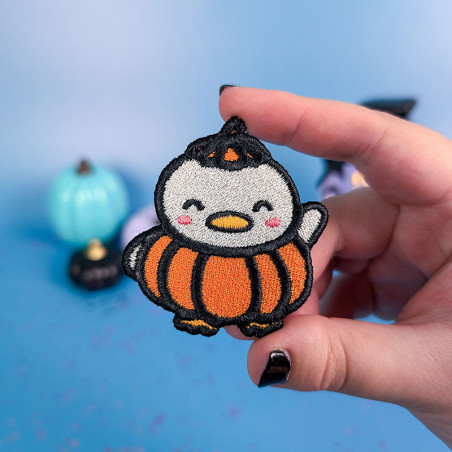 Patch thermocollant canard kawaii déguisé en citrouille pour Halloween