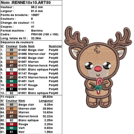 Motif de broderie machine à télécharger – Renne au nez rouge kawaii de Noël 🎅🦌
