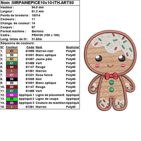 Motif de broderie machine – Ornement de Noël Mr pain d’épice kawaii - Appliqué ITH 🍪🎄