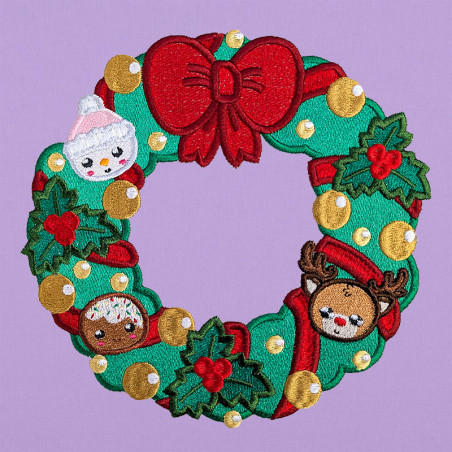 Motif broderie machine couronne de Noël kawaii pour décorations festives