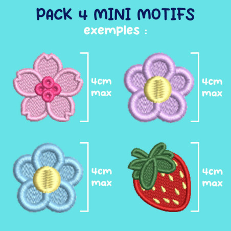 Pack 4 mini motifs broderie machine personnalisés – Taille max 4cm 🎨✨