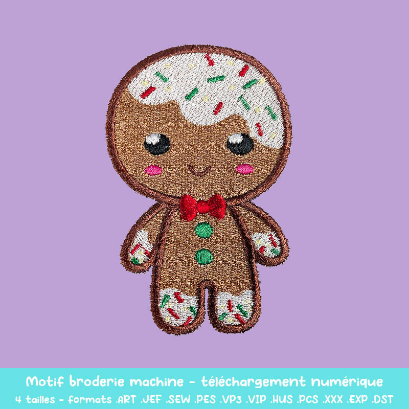 Motif broderie machine bonhomme pain d’épices kawaii pour Noël DIY