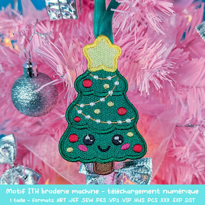 Motif broderie appliqué ITH sapin de Noël kawaii pour décorations festives