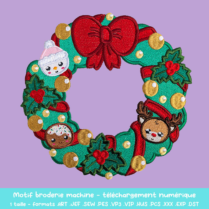 Motif broderie machine couronne de Noël kawaii pour décorations festives