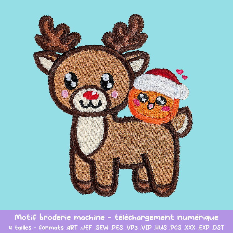 Motif broderie orange kawaii bonnet de Noël chevauche renne au nez rouge
