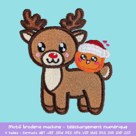 Motif broderie orange kawaii bonnet de Noël chevauche renne au nez rouge Motif broderie orange kawaii bonnet de Noël chevauche renne au nez rouge