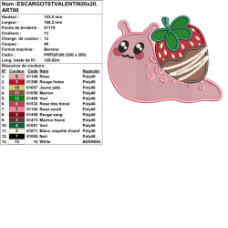 Motif broderie kawaii escargot rose fraise parfait pour personnalisations