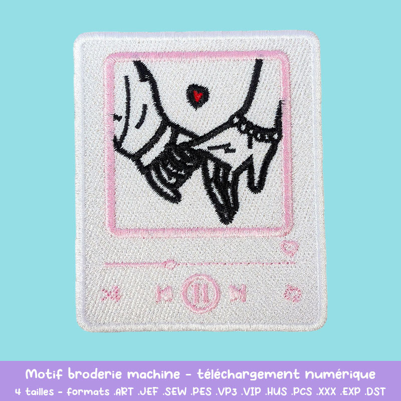 Motif broderie Love Song lecteur musique et mains enlacées à télécharger