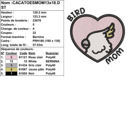 Motif broderie machine Bird Mom cacatoès idéal pour amoureux des oiseaux