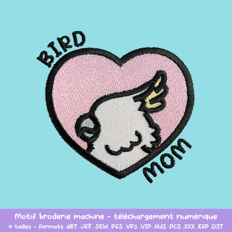 Motif broderie Bird Mom cacatoès cœur et texte pour textile DIY