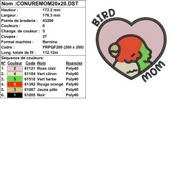Broderie Bird Mom cœur et conure tête rouge pour vêtements et décorations