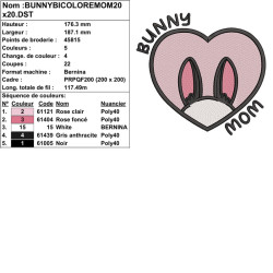 Broderie Bunny Mom cœur et lapin bicolore pour vêtements et décorations textiles
