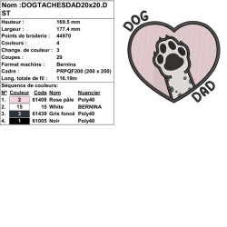 Broderie Dog Dad cœur et patte de chien tacheté pour vêtements et décorations