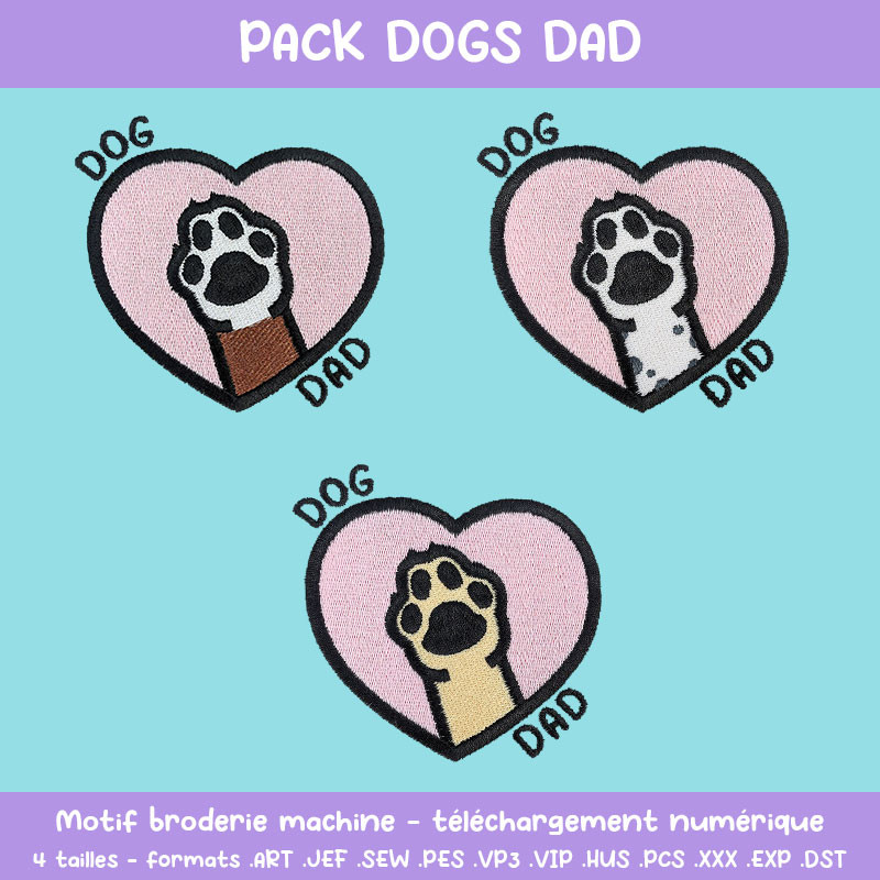 Pack motifs broderie Dogs Dad trois chiens à prix réduit pour textiles