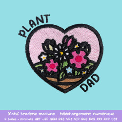 Motif broderie Plant Dad fleurs cœur pour textile DIY