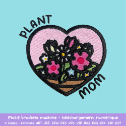Motif broderie Plant Mom fleurs cœur pour textile DIY