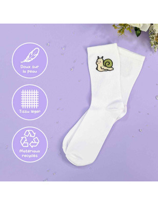 Chaussettes brodées blanches - MOCHI L'ESCARGOT - broderie pailletée 🐌