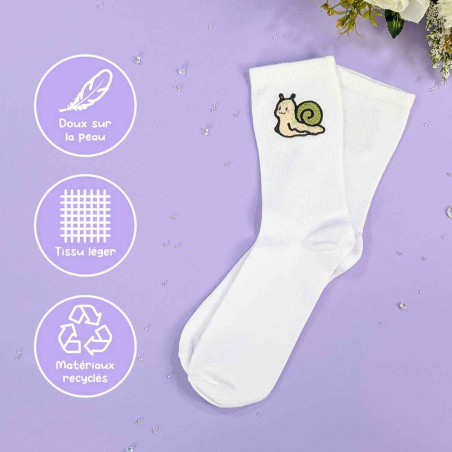 Chaussettes brodées blanches - MOCHI L'ESCARGOT - broderie pailletée 🐌