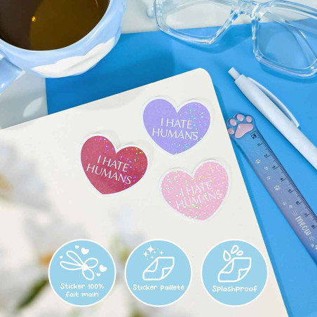 Sticker pailleté – I hate humans – 100% fait main 💜✨