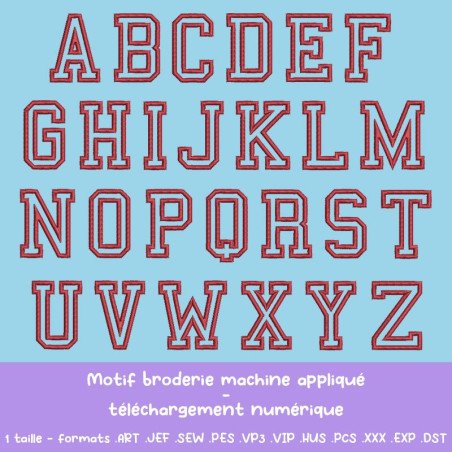 Motif de broderie machine gratuit à télécharger - Alphabet College style Varsity lettres A à Z - Appliqué - 5,3 cm 🧵